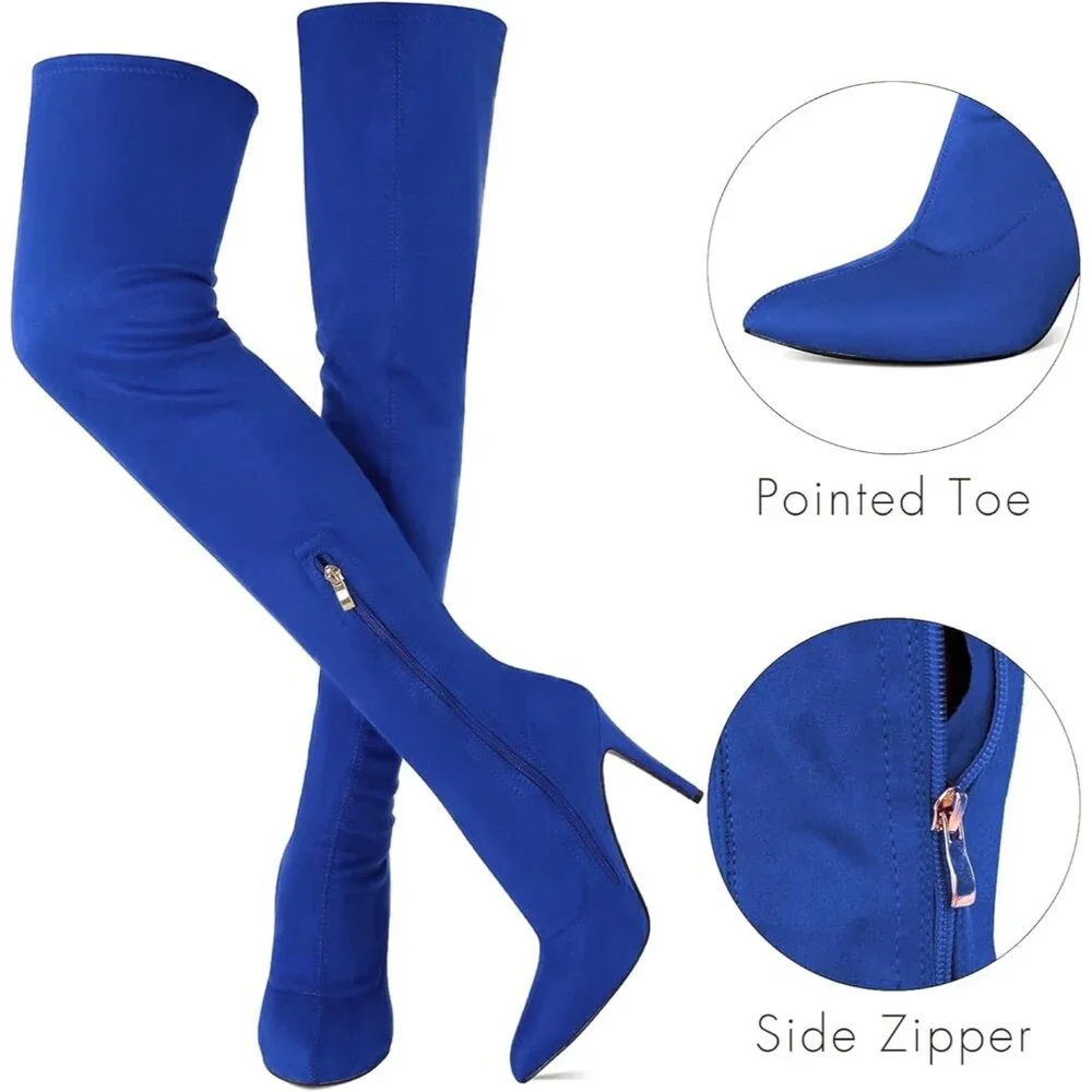 Women's Blue Over the Knee Boots Suede High Heel Thigh High Boots Pointed